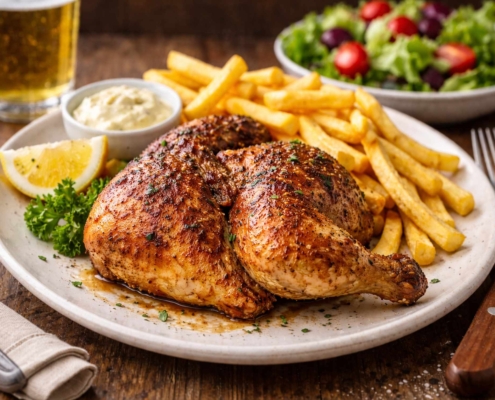 Halbes Hähnchen mit Pommes
