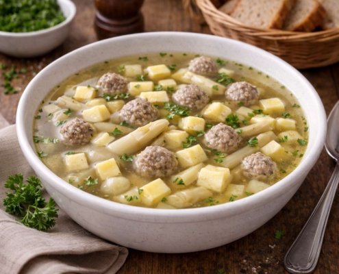 Hochzeitssuppe mit Spargel und Klößen